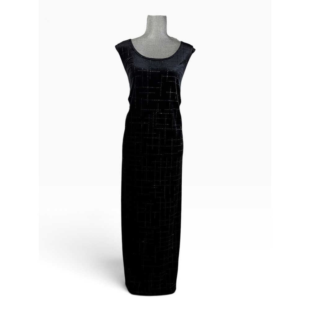 Dressbarn Vintage 90s Black Silver Glitter Grid Velvet Column Maxi Dress, 18W